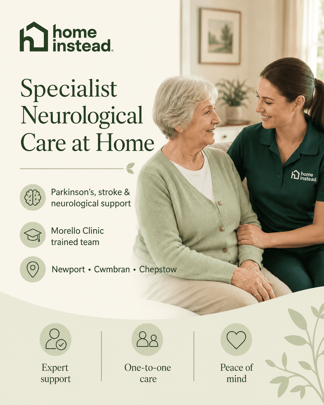 Home Instead caregiver supporting an older woman at home, promoting specialist neurological care for Parkinson’s, stroke and neurological conditions in Newport, Cwmbran and Chepstow.