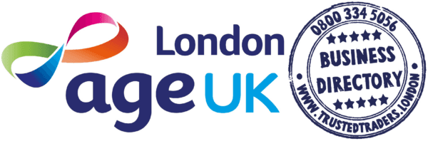 Age UK London logo beside a "Business Directory" stamp with a telephone number and website. - Home Instead