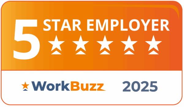 Orange badge reading "5 Star Employer, WorkBuzz 2025" with five stars and the WorkBuzz logo. - Home Instead