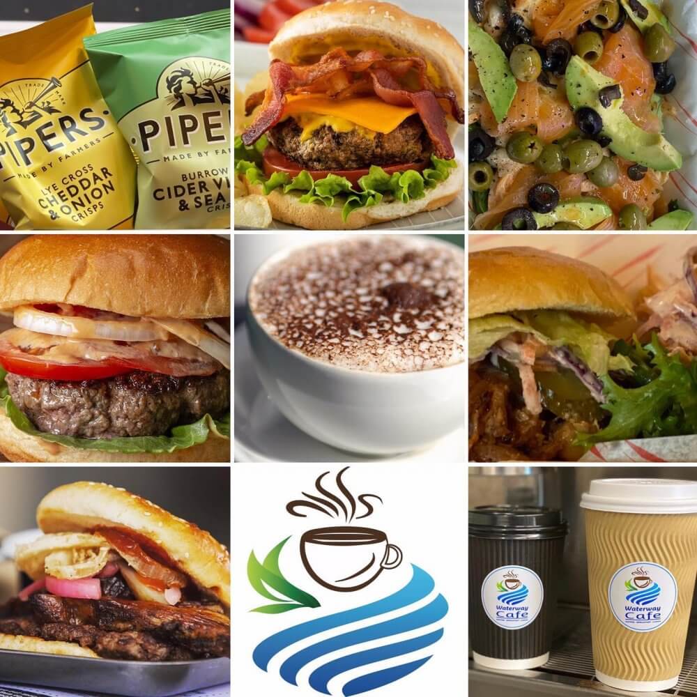A collage featuring various food items including burgers, pasta, coffee, and chips with a café logo in the center. - Home Instead