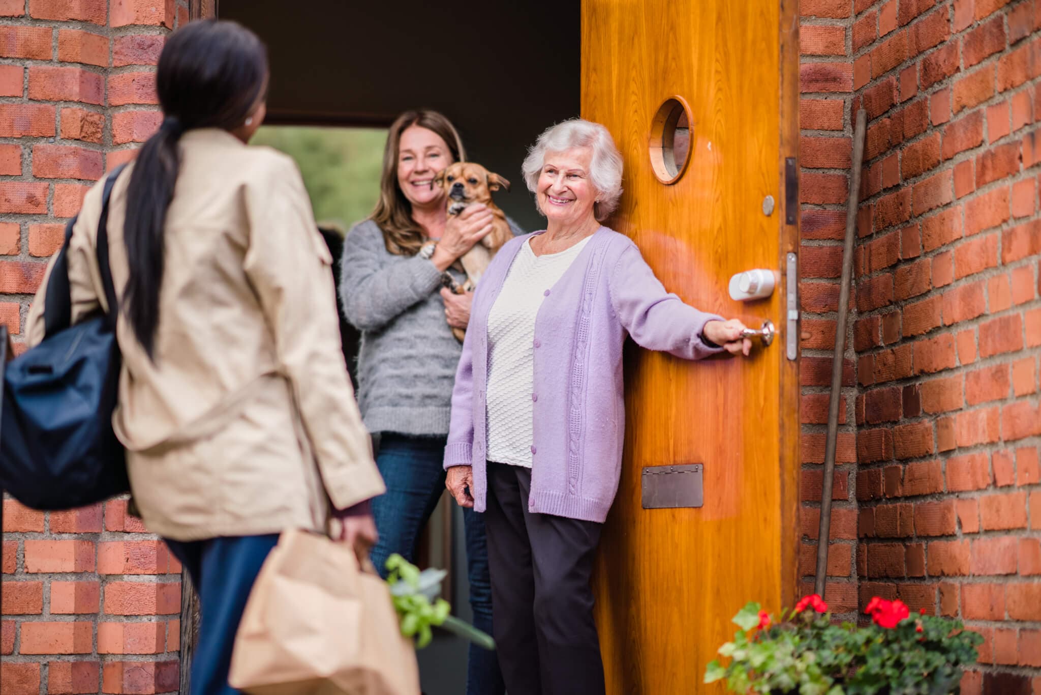 Older woman smiling at the door, younger woman holding a dog inside, welcoming another woman carrying groceries. - Home Instead