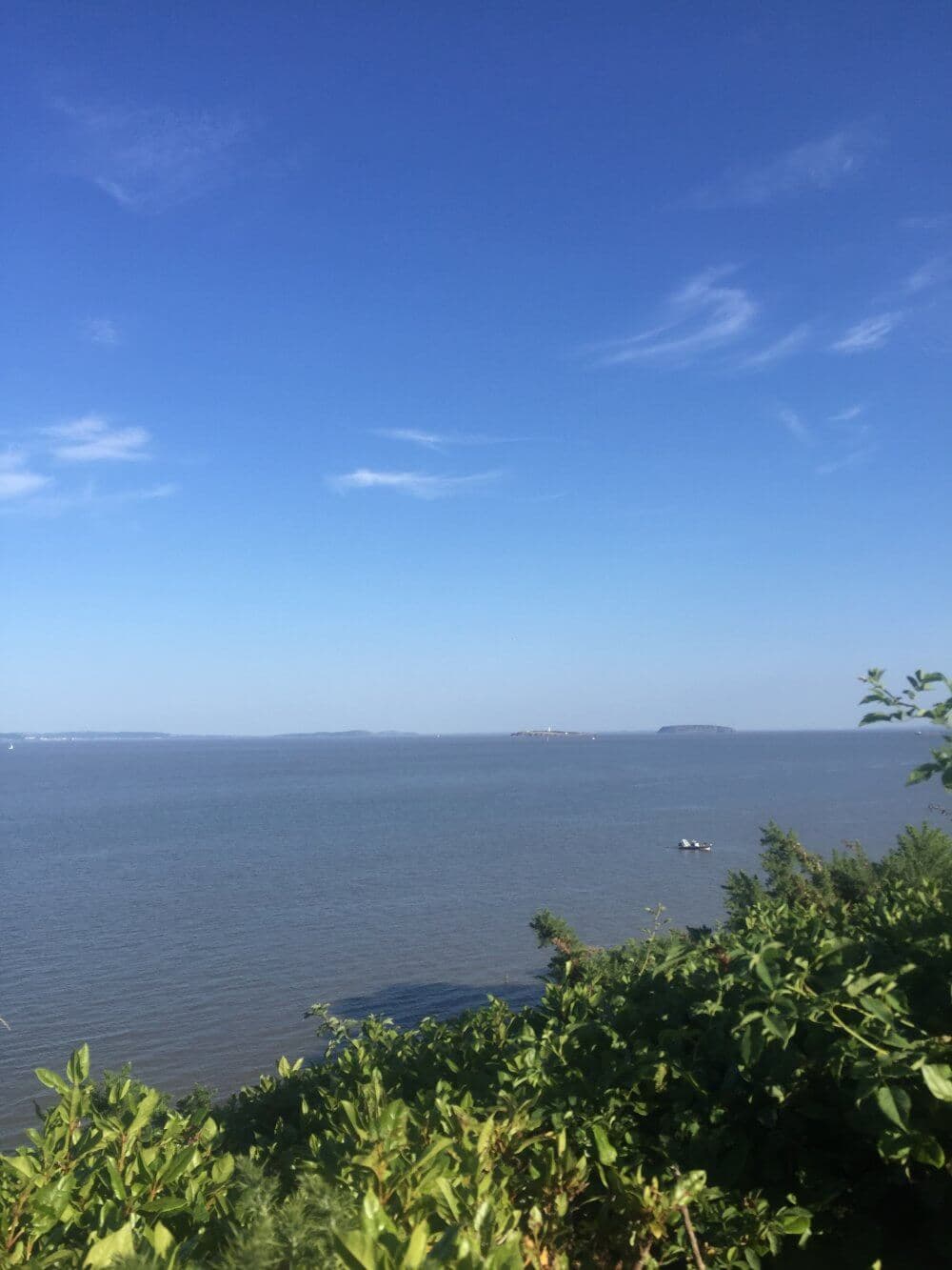 A serene view of a calm sea under a clear blue sky, with lush green foliage in the foreground and distant islands. - Home Instead