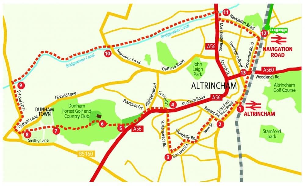 Map of Altrincham showing major roads, parks, golf courses, and landmarks like Navigation Road and Dunham Town. - Home Instead