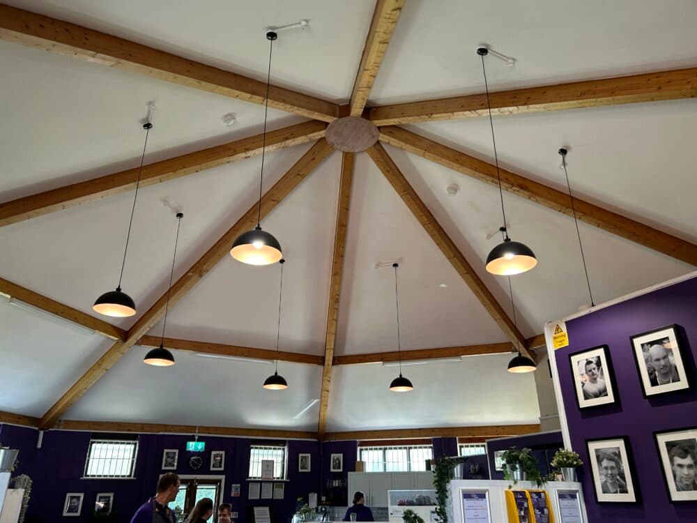 A café with modern domed white plastered ceiling divided into eight triangular segments by supporting timbers, with suspended lighting and dark blue walls with windows and black & white portraits on the walls