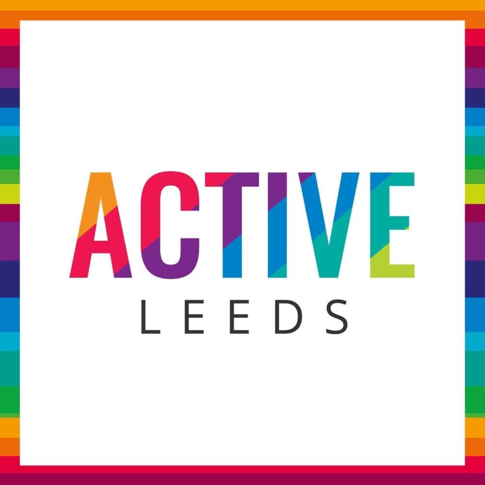 ACTIVE LEEDS" text with colorful letters on white background, bordered by a rainbow-striped frame. - Home Instead