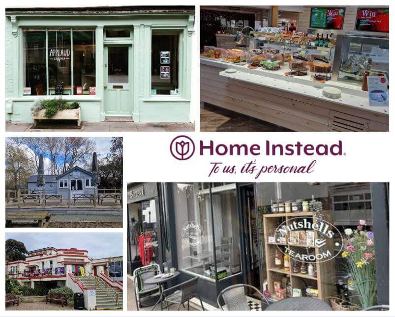 Collage showing cafes, a house, and "Home Instead" logo with the tagline "To us, it's personal. - Home Instead