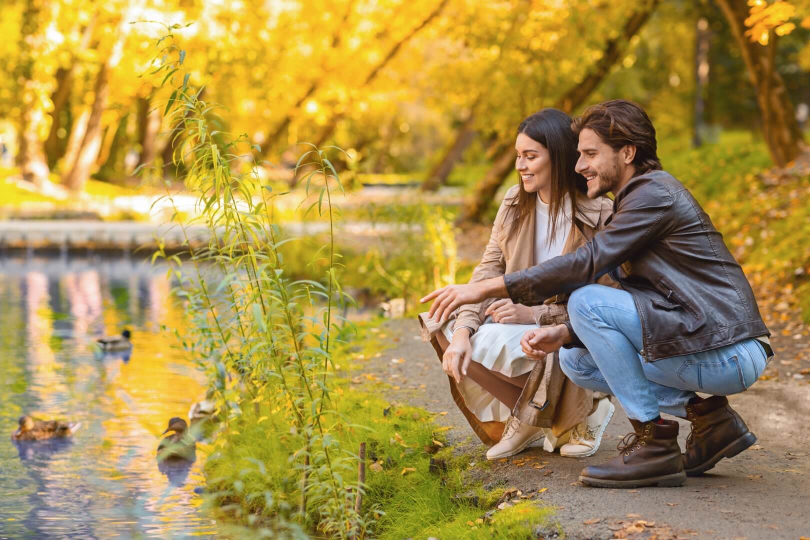 A couple crouches by a pond, feeding ducks in a park with vibrant autumn foliage and sunlight filtering through the trees. - Home Instead Bournemouth & Christchurch