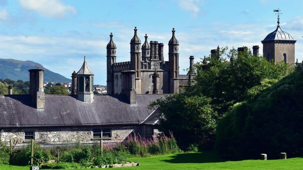 Castle-like structure with multiple chimneys and towers, surrounded by greenery on a sunny day with mountains in the background. - Home Instead