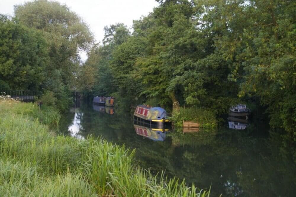 Narrowboats moored along a quiet, tree-lined canal with lush greenery and calm water reflections. - Home Instead