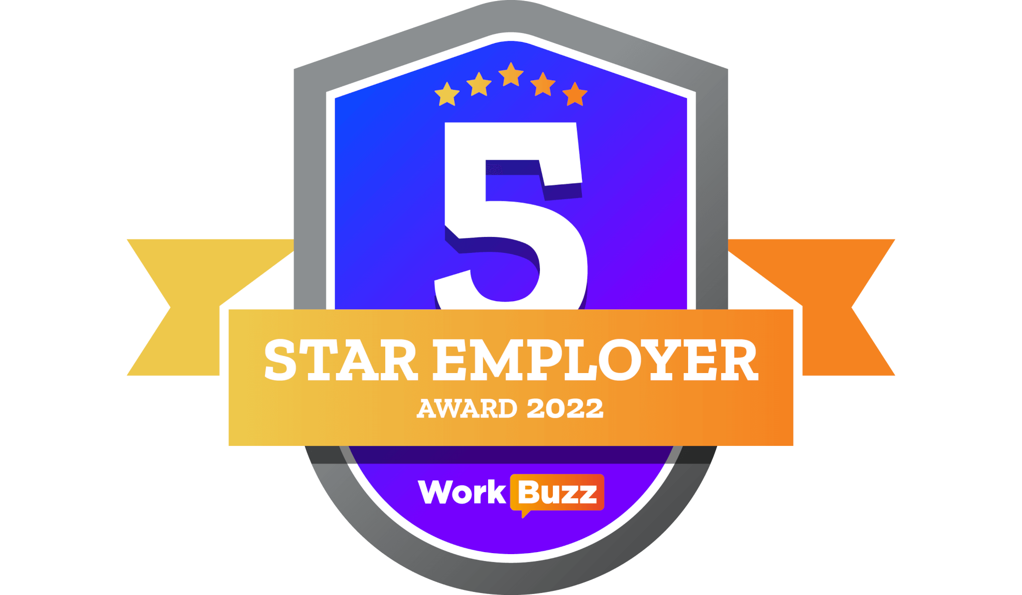 Badge with "5 Star Employer Award 2022" text, stars above, and "Work Buzz" logo below. - Home Instead