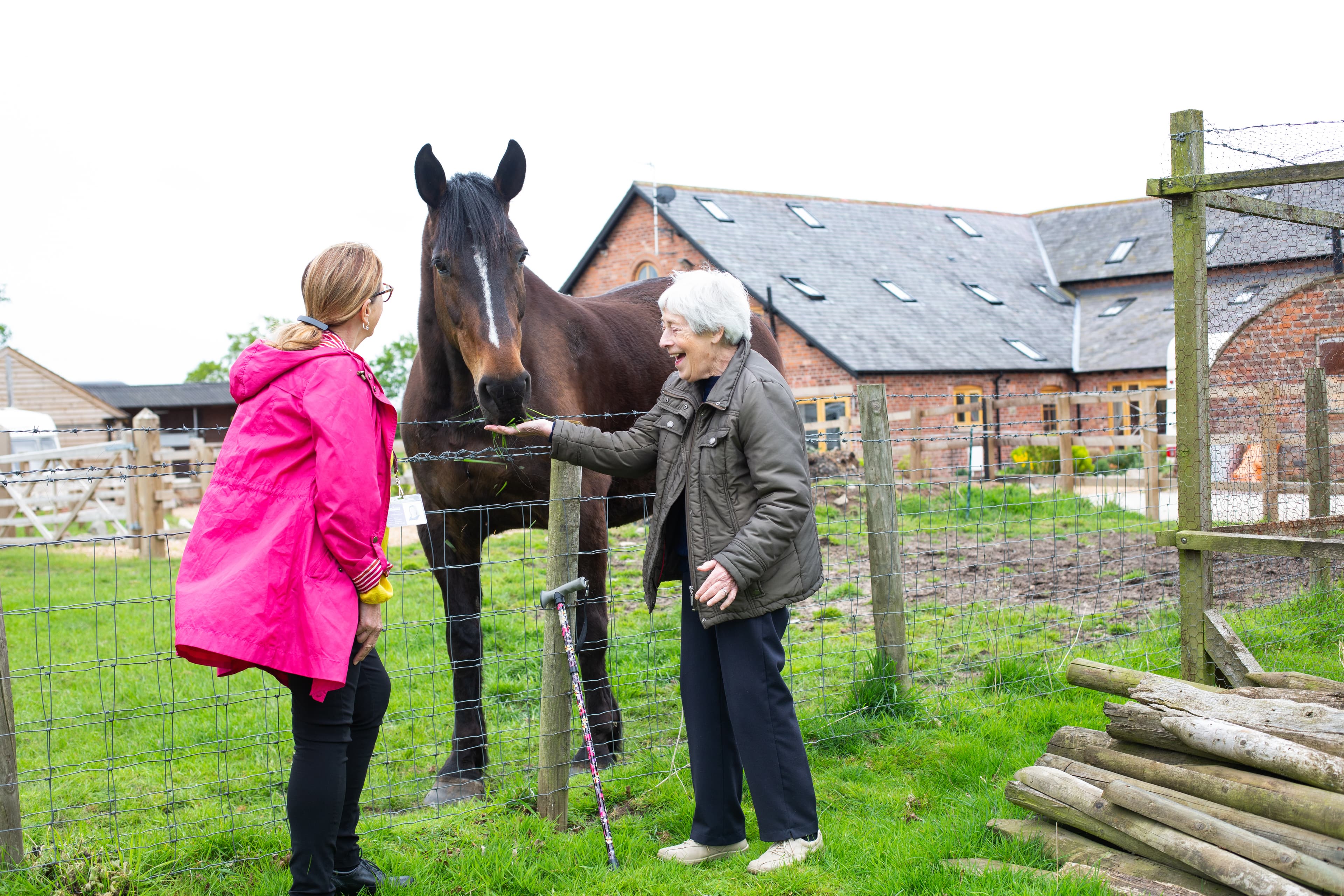 Two women stand beside a fenced horse, with one petting it, near a rustic building in a grassy area. - Home Instead