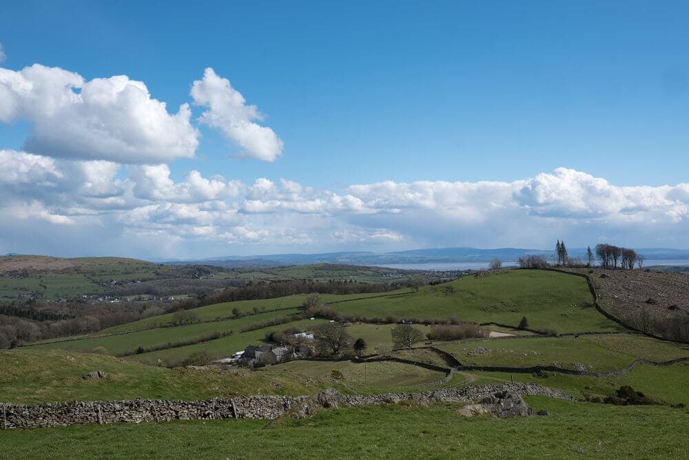 Rolling green hills under a bright blue sky with scattered clouds, featuring stone fences and distant trees. - Home Instead