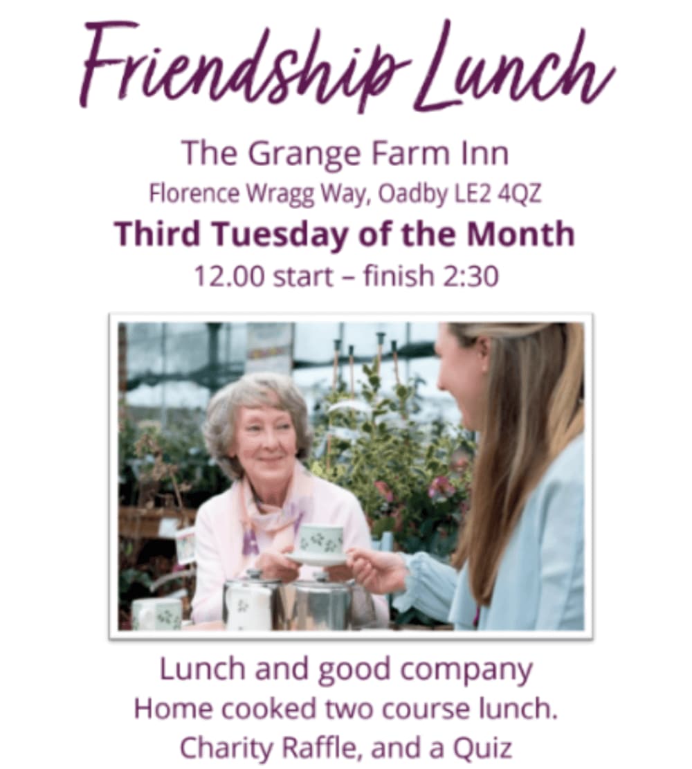 Flyer for a Friendship Lunch at The Grange Farm Inn, every third Tuesday of the month from 12:00 PM to 2:30 PM. - Home Instead