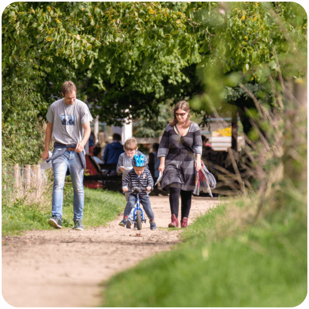 A family walks on a path through greenery, with a child on a balance bike, two adults, and another child. - Home Instead