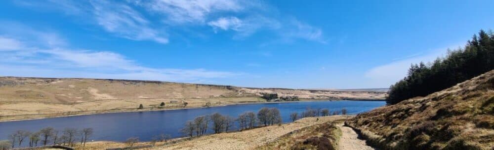 A serene landscape of a lake surrounded by hills and trees under a clear blue sky on a sunny day. - Home Instead