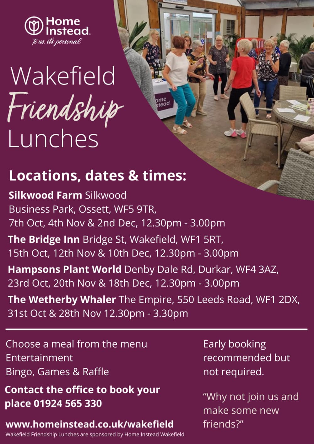 Poster for Wakefield Friendship Lunches with event details, contact info, and an invitation to book early. - Home Instead