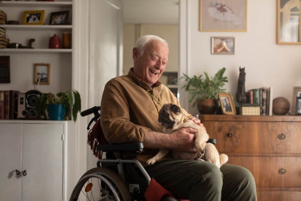 An elderly man in a wheelchair smiles while holding a pug in a cozy, well-decorated living room. - Home Instead