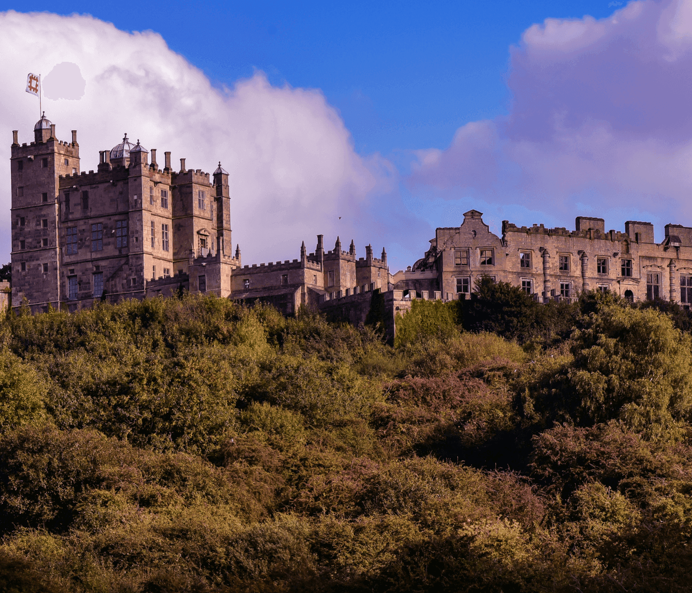 Historic stone castle on a hilltop with lush greenery and a bright blue sky in the background. - Home Instead