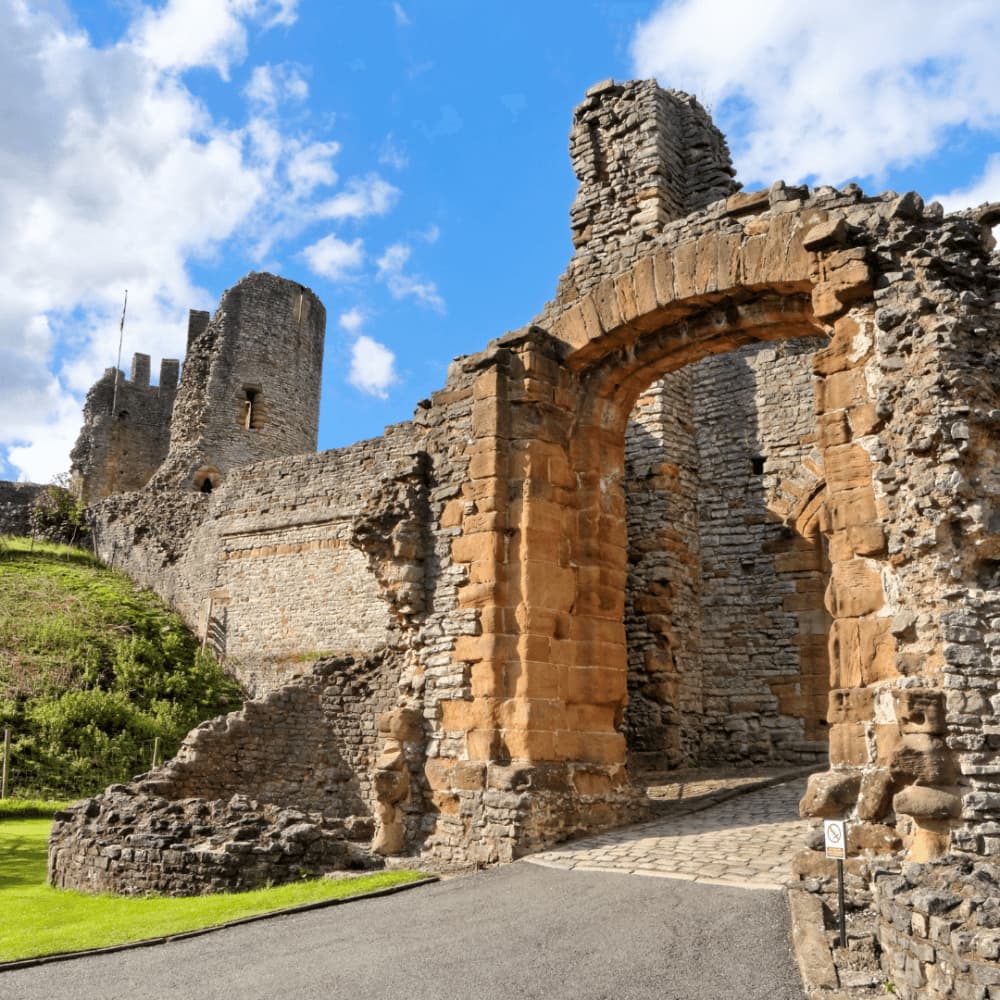 Stone ruins of a medieval castle with an arched entrance, set against a partly cloudy blue sky and grassy surroundings. - Home Instead