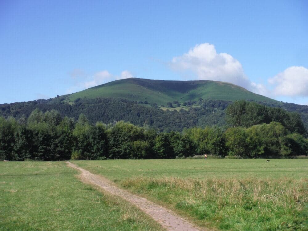 A dirt path leads through a grassy field towards a tree-covered hill under a clear blue sky with a few clouds. - Home Instead