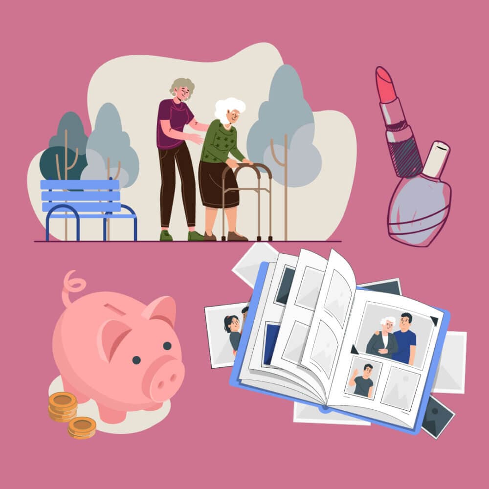 Illustration of elder care, memories, and self-care: elderly lady with a walker, photo album, piggy bank, and makeup. - Home Instead