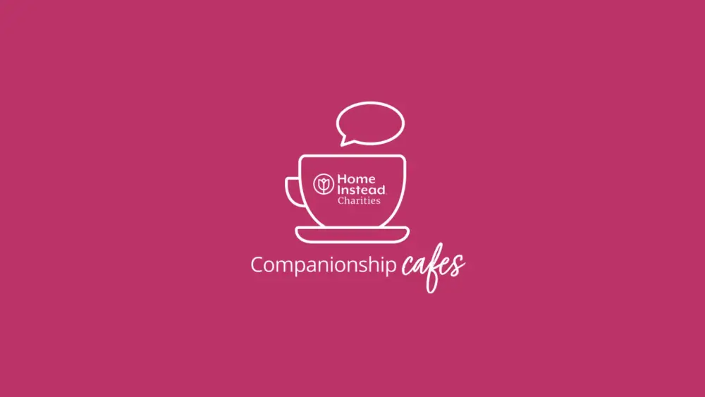 Logo with a coffee cup and speech bubble. Text: "Home Instead Charities, Companionship Cafes" on a pink background. - Home Instead