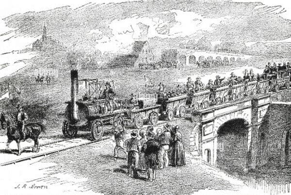 Illustration of an early steam locomotive pulling passenger cars on a railway, with spectators nearby. - Home Instead