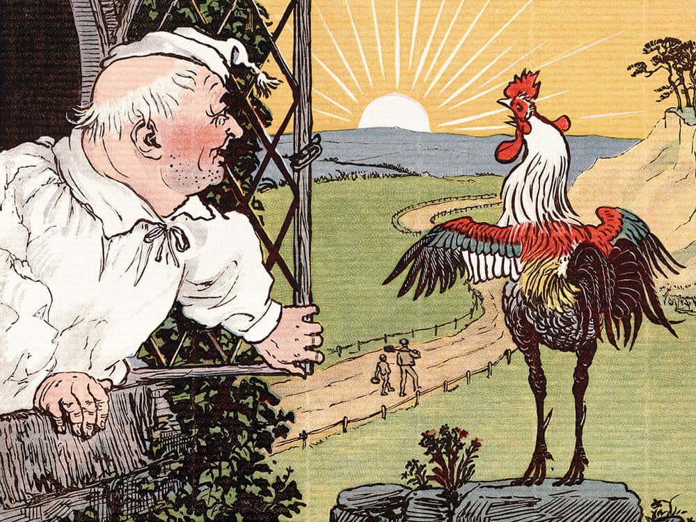 An old man looks out a window at a colorful rooster crowing on a fence post as the sun rises. - Home Instead