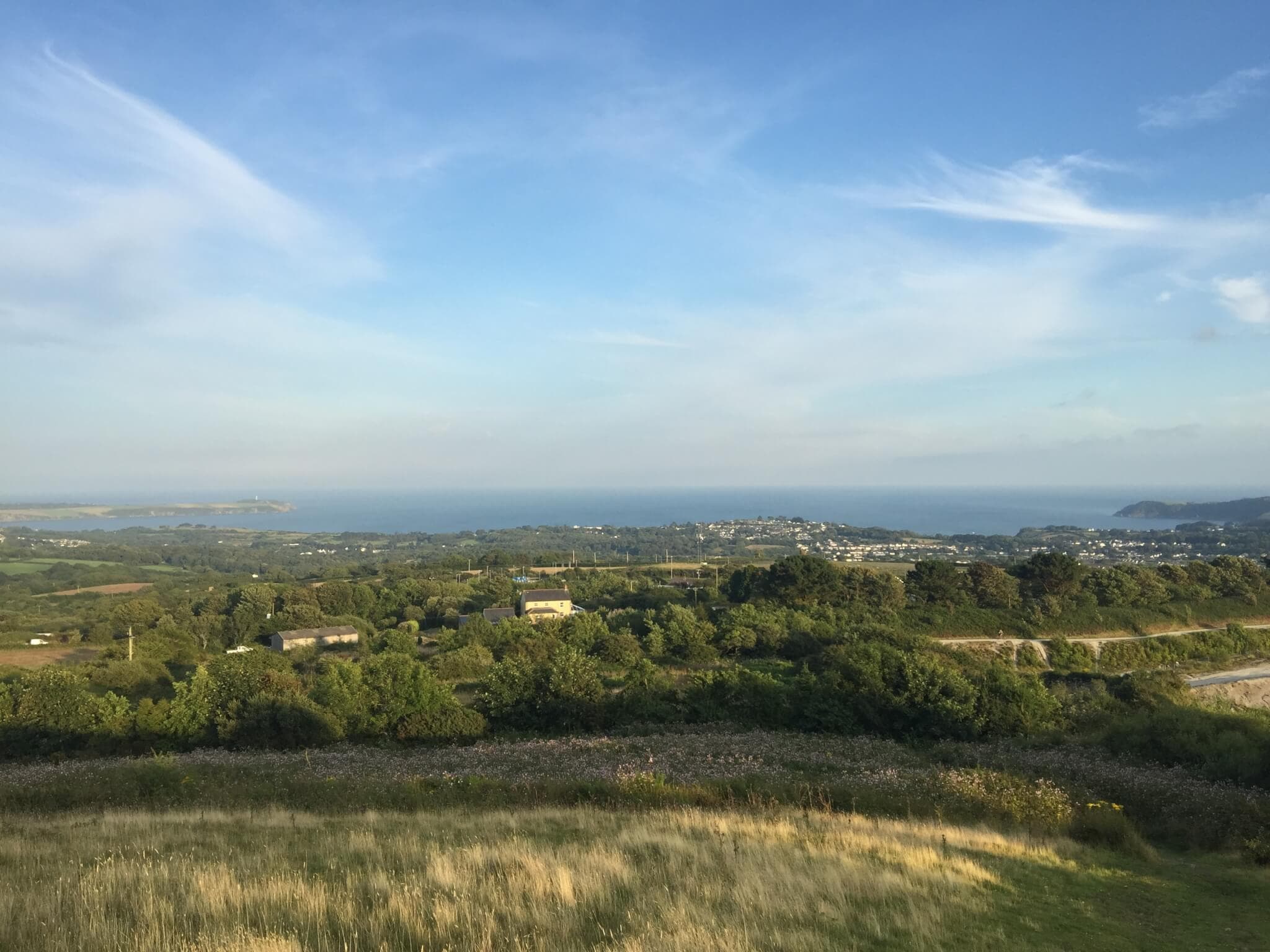 Scenic view of a lush green landscape with trees and hills under a clear blue sky, overlooking a distant body of water. - Home Instead