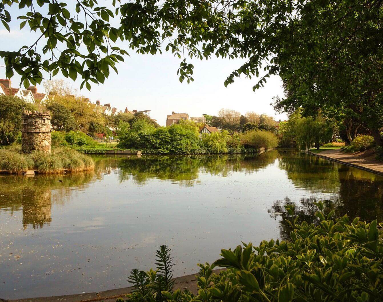 Serene pond surrounded by lush greenery, with houses and a tower visible in the background on a sunny day. - Home Instead