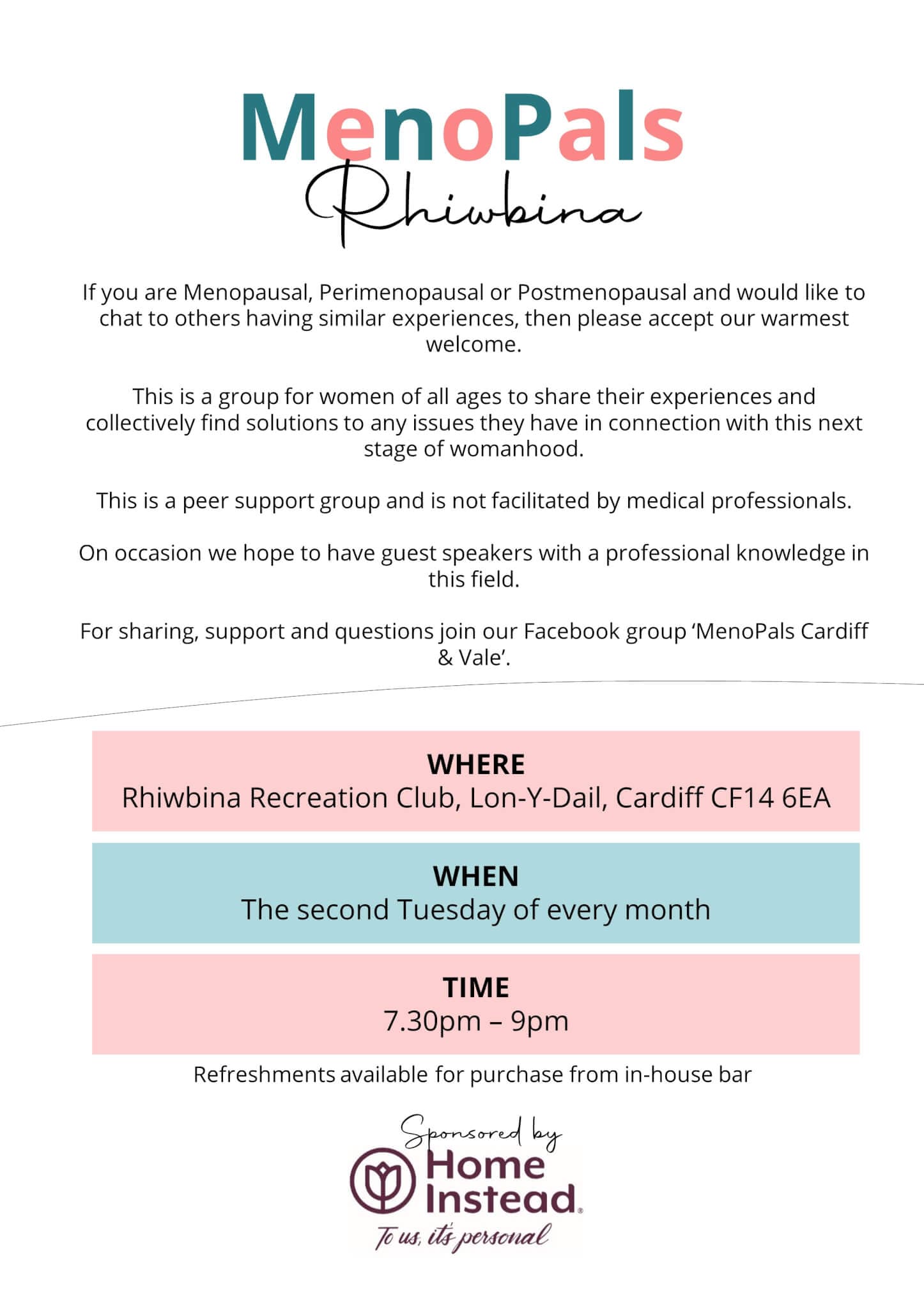 Flyer for “MenoPals” support group in Rhiwbina, Cardiff, held every second Tuesday, 7:30-9pm. Sponsored by Home Instead. - Home Instead