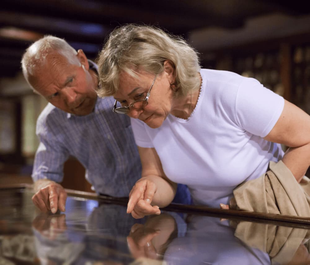 An elderly man and woman looking intently at an exhibit in a museum, pointing at the display case. - Home Instead