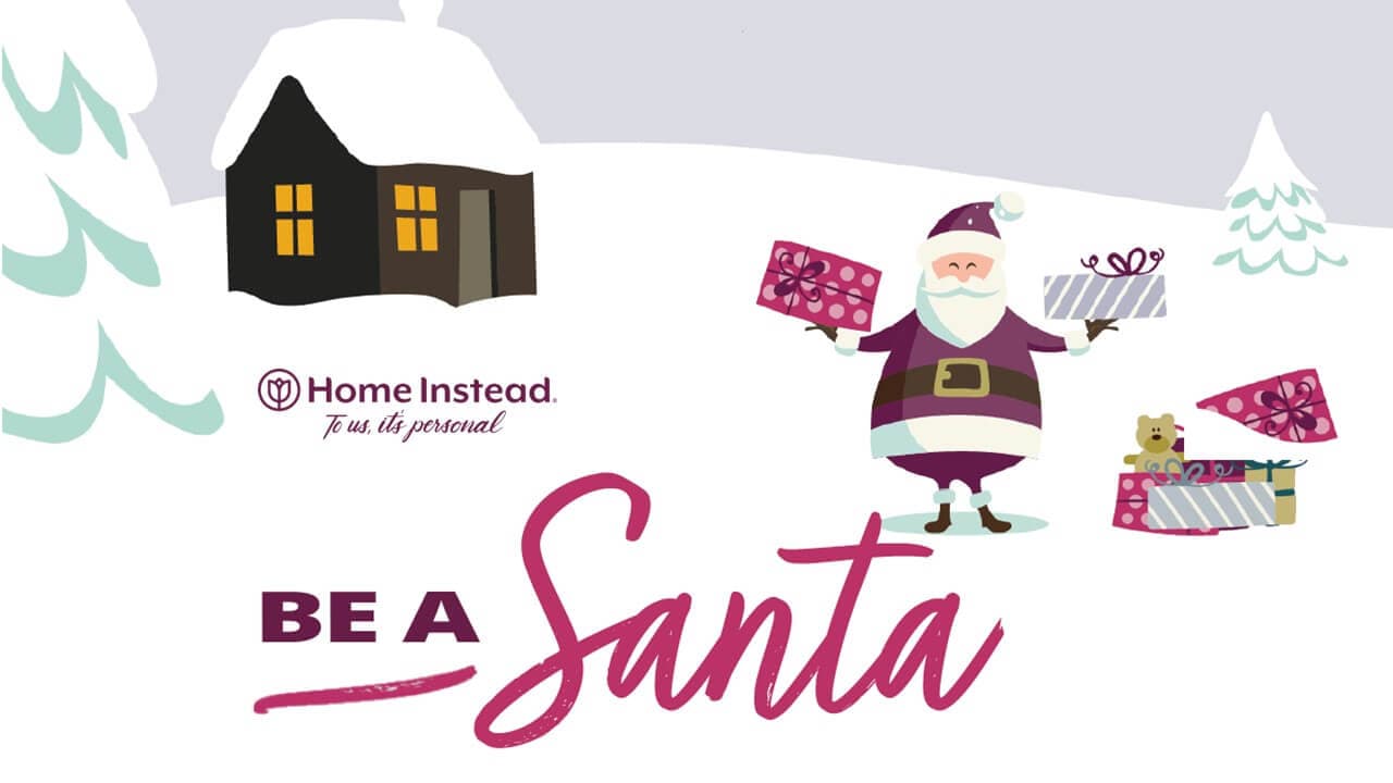 Illustration of Santa holding gifts with the text "Home Instead. To us, it's personal." and "Be a Santa" on a snowy background. - Home Instead