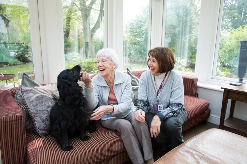 Two women smiling and sitting on a sofa with a black dog in a bright room with large windows and a garden view. - Home Instead