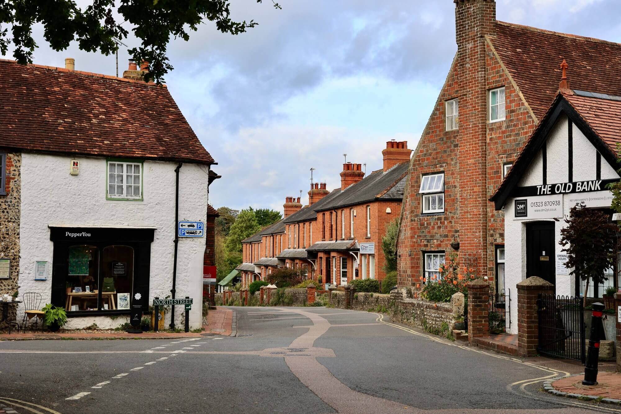 A quaint village street with charming houses, a shop named "Poppies too," and a building labeled "The Old Bank. - Home Instead