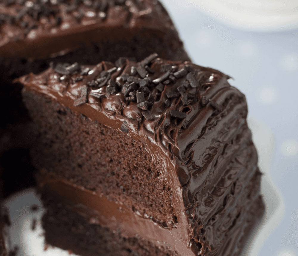 Close-up of a rich chocolate cake with chocolate icing and sprinkles, showing a cut slice revealing the moist layers inside. - Home Instead