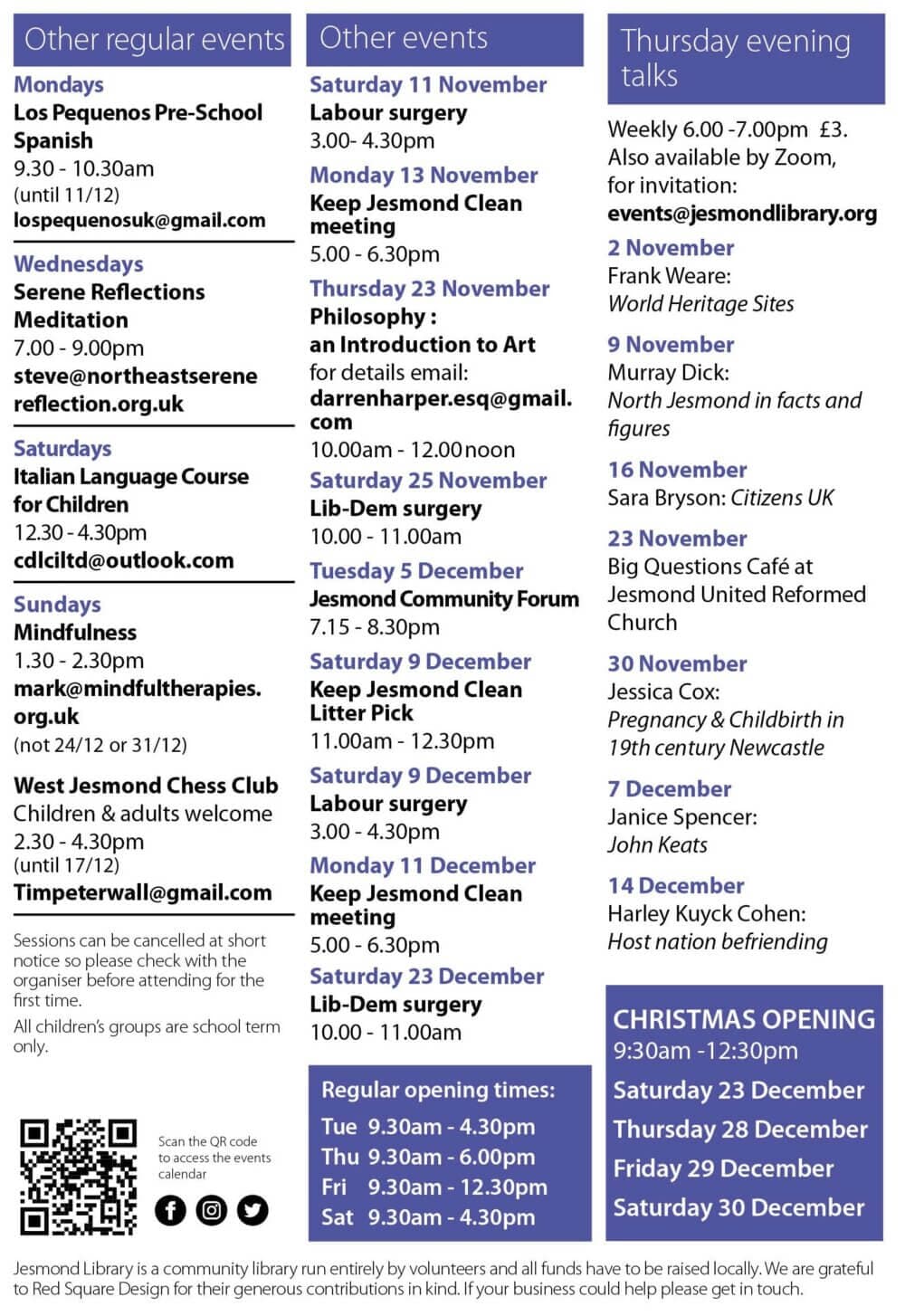 A flyer listing various events and activities, including regular events, special events, and Thursday evening talks. - Home Instead
