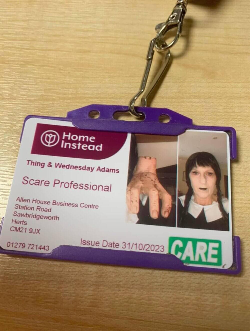ID badge for "Scare Professional" with a photo of a person in spooky makeup and costume. - Home Instead