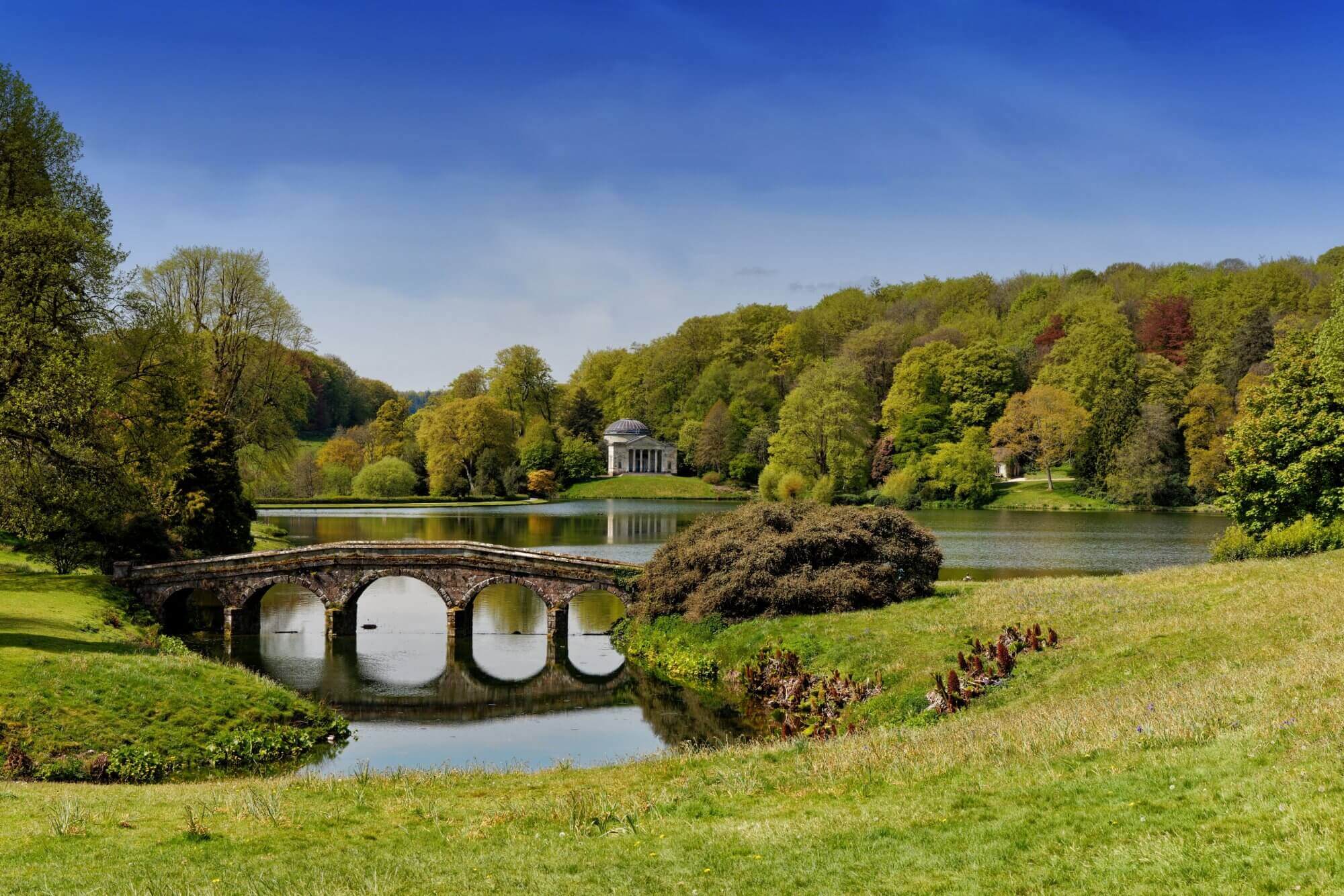 Calm lake with an arched stone bridge and a temple structure surrounded by lush greenery under a clear blue sky. - Home Instead