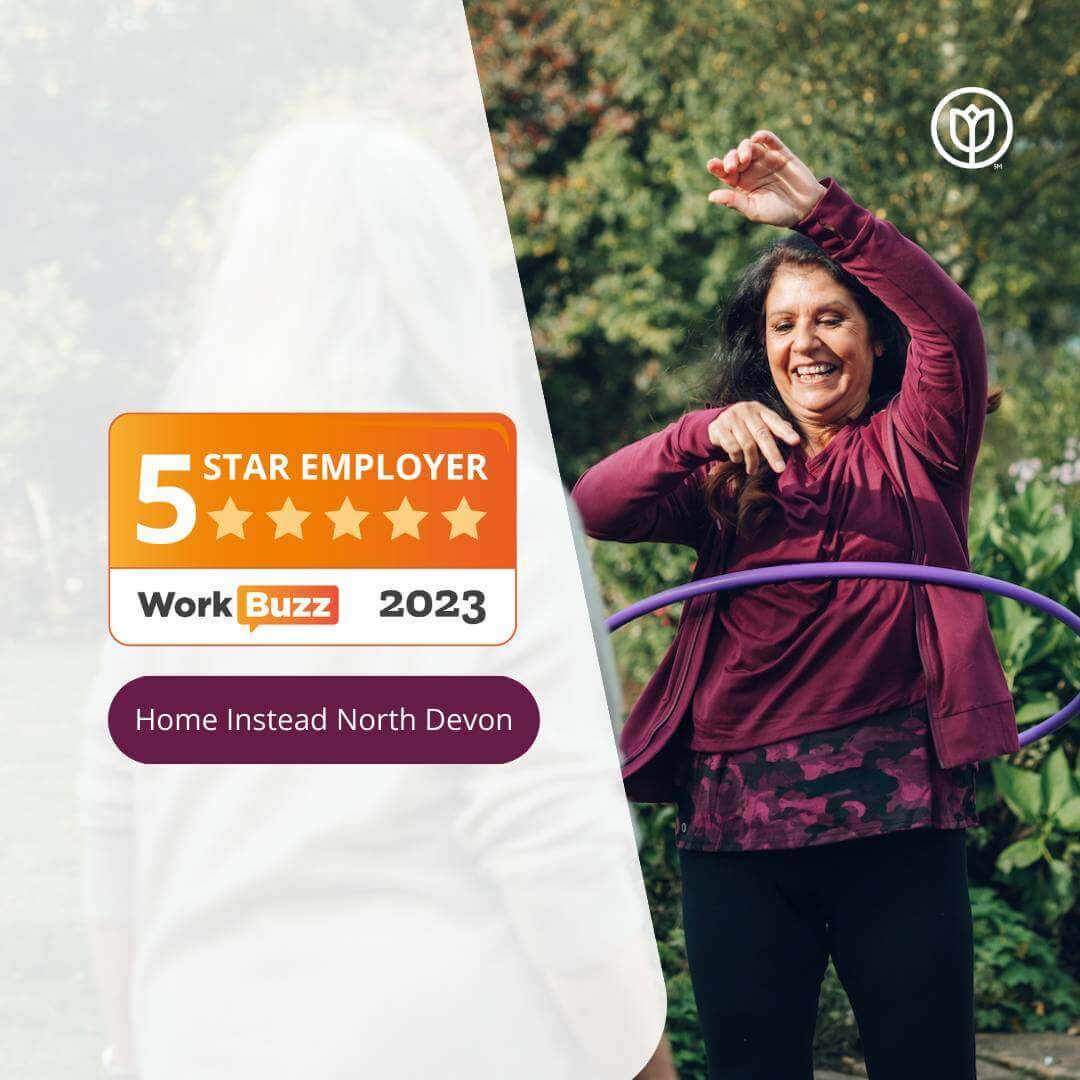 A woman hula-hooping outdoors with a "5 Star Employer" badge from Home Instead North Devon, awarded by WorkBuzz 2023. - Home Instead