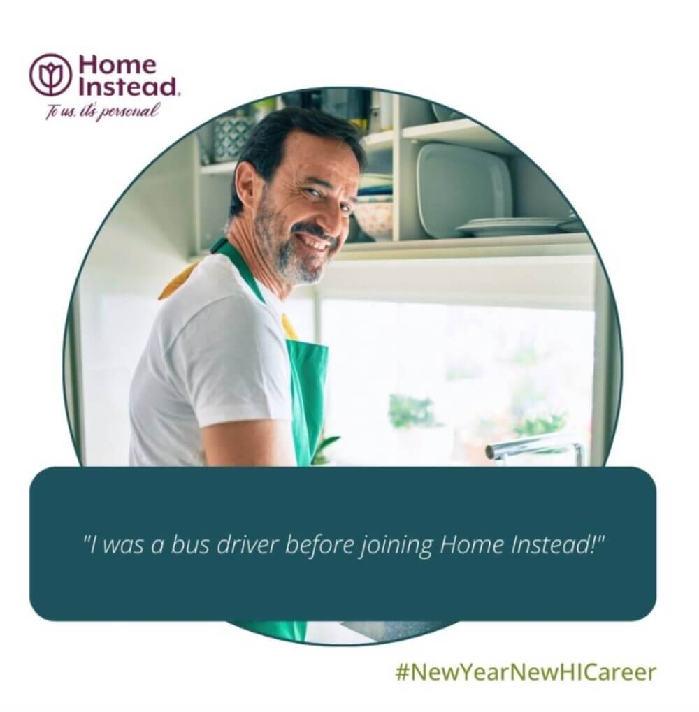 Man in apron washing dishes, smiling. Text reads, "I was a bus driver before joining Home Instead!" #NewYearNewHICareer. - Home Instead