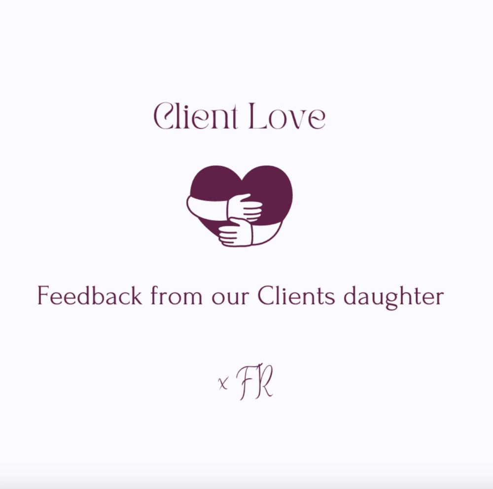 Client Love" message with a heart-shaped icon depicting two hugging arms and text: "Feedback from our Client's daughter x FR". - Home Instead
