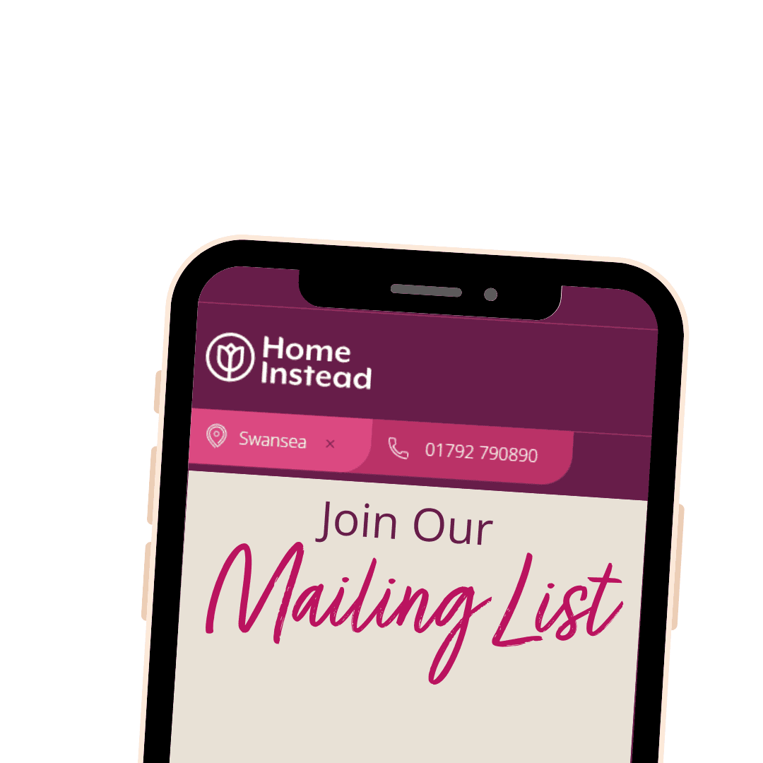 A phone screen displaying "Home Instead" and "Join Our Mailing List" with contact information for Swansea. - Home Instead