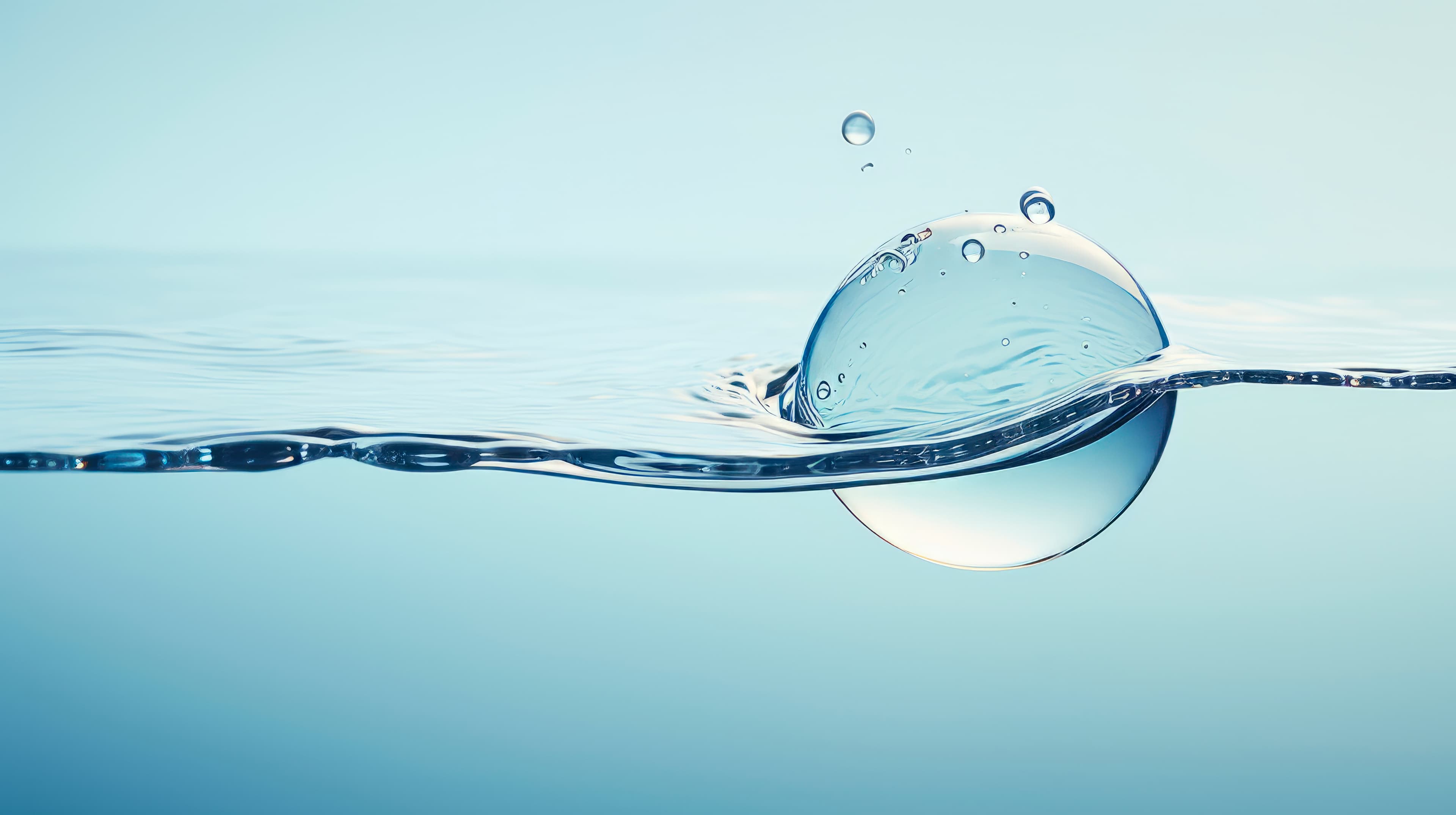 A bubble hovering just above a calm water surface with a clear blue background. - Home Instead