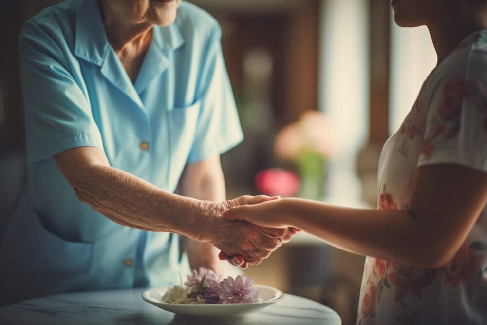 An elderly person in a blue uniform shakes hands with a younger person by a table with flowers. - Home Instead