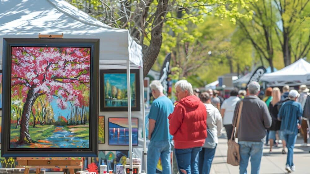 Outdoor art fair with people browsing paintings displayed under white tents on a sunny day. - Home Instead
