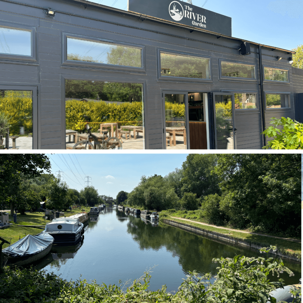 A modern building labeled "The River Garden"; below, boats are docked along a tree-lined canal. - Home Instead