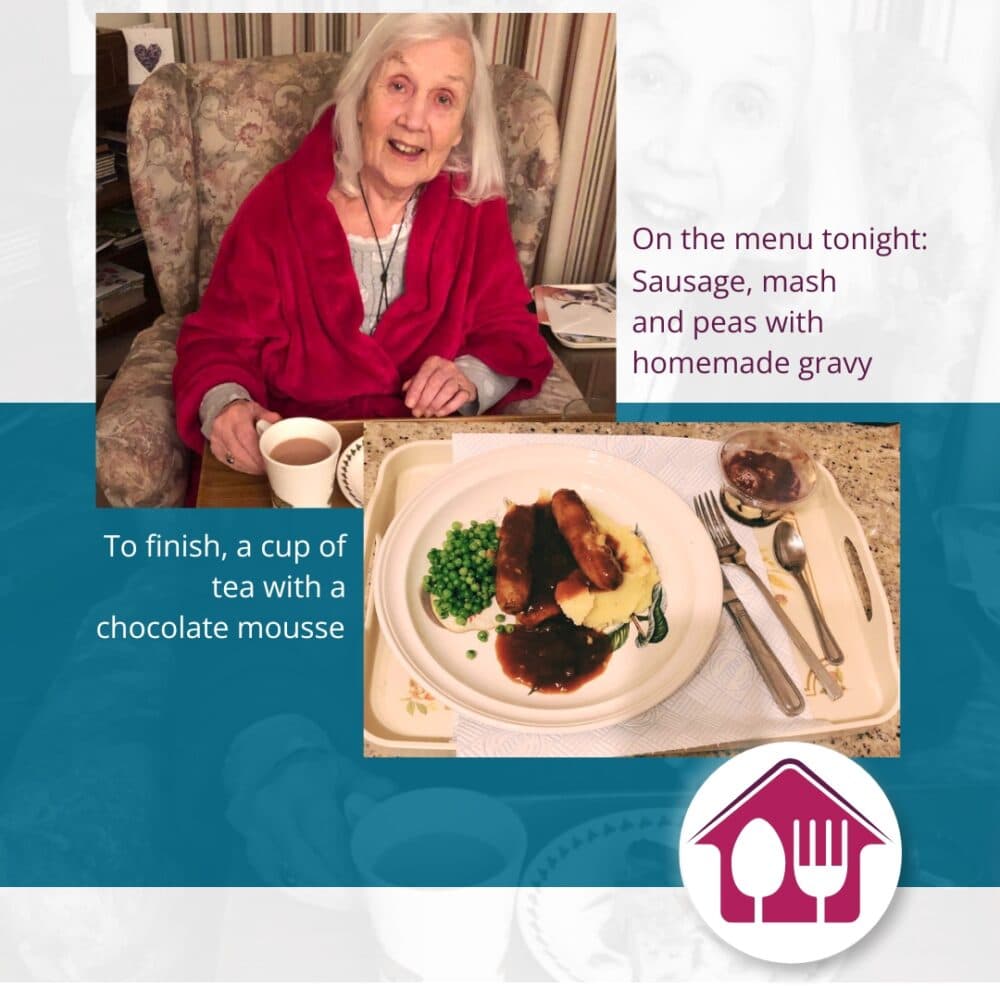 Sausage, mash and peas with homemade gravy, finished with a cup of tea and chocolate mousse