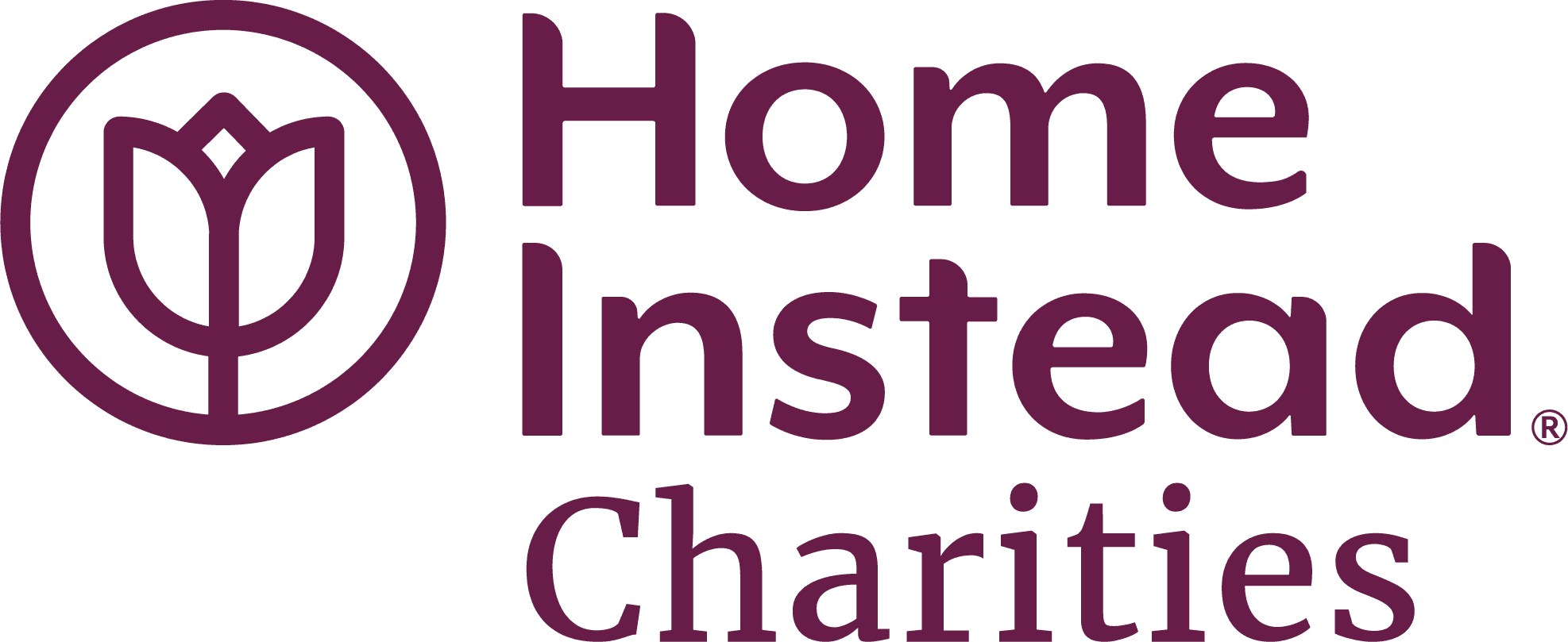 Logo of Home Instead Charities with a stylized tulip icon on the left. - Home Instead