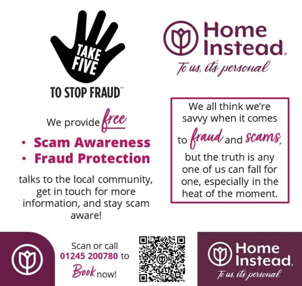 Fraud prevention flyer by Home Instead, promoting free scam awareness talks and protection advice. - Home Instead